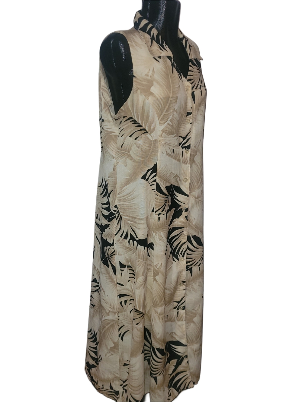 Hiroko 90's Sleeveless Tan & Black Tropical Print Button-Front Maxi Dress XL - Picture 4 of 8